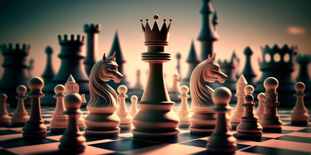 Chess figure in competition success play. strategy, management or leadership concept. town backgroundの素材