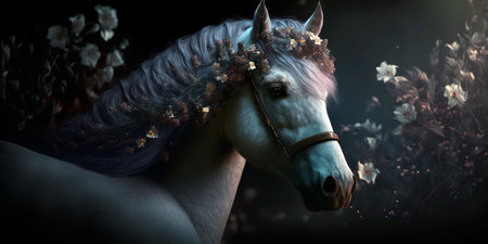 Portrait of a horse with flowers in its mane Generative AIの素材