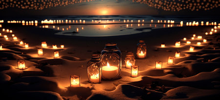 Peaceful evening on the beach with fairy lights and decorative candlesの素材