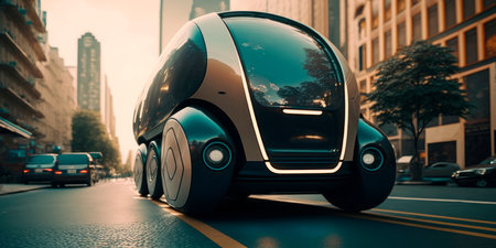 Futuristic self-driving car navigating the streets of a smart city.Generative AIの素材