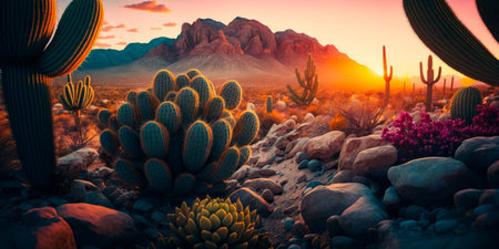 A colorful sunset over a desert landscape with cactus and rocks. Generative AIの素材