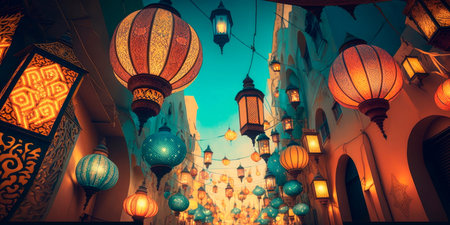Ramadan lanterns and decorations in the street. Generative AIの素材