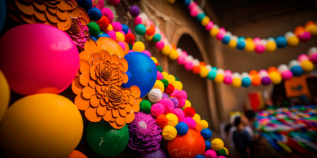 Holi decorations with flower garlands and balloons Generative AIの素材