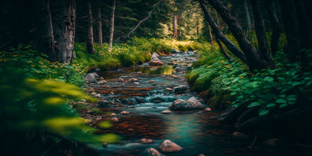 Peaceful stream flowing through a lush green forest Generative AIの素材