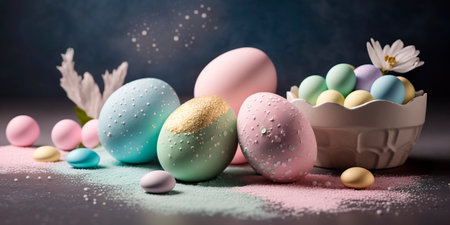 Easter-themed background with pastel colors and eggs Generative AIの素材