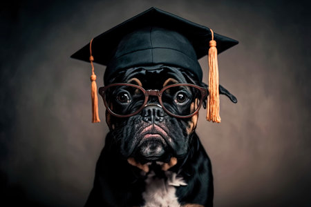 Dog wearing black graduation hat, graduation concept. Generative AIの素材