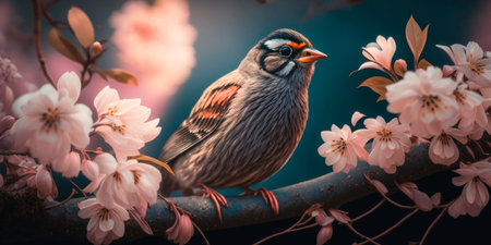 A bird on a branch with flowers around Generative AIの素材