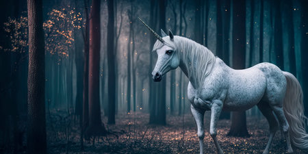 A mystical unicorn in a forest with glittering stars Generative AIの素材
