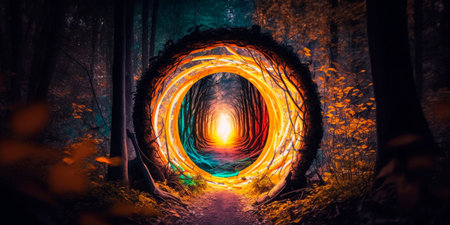 Glowing portal opening in the middle of a forest Generative AIの素材