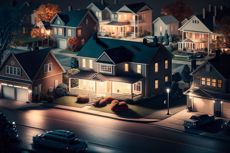 Comfortable cottages in the suburbs at night. Generative AIの素材