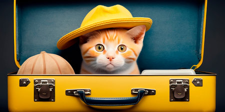 Adventurous Feline with Yellow Suitcase and Hat Generative AIの素材