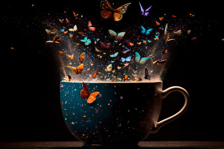 Cup of coffee with colorful butterflies Generative AIの素材