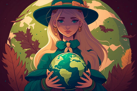 Happy Mother Earth Day, girl holding the planet Generative AIの素材