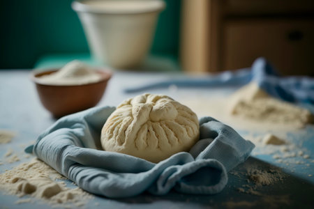Raw yeast dough rests and rises on the table.Generative AIの素材