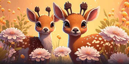 Two cute fawns and flowers realistic Generative AIの素材