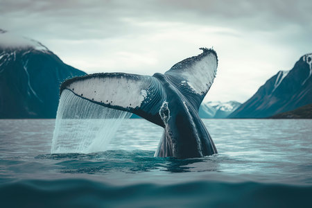 Whale waving its tail in the water Generative AIの素材