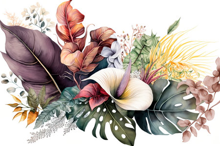 Colorful tropical set of leaves and plants. Generative AIの素材
