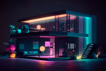Upscale modern mansion at night Generative AIの素材