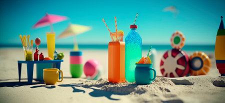 on a sunny day at the beach with your favorite beach toys and cocktails Generative AIの素材