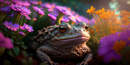 Portrait of a frog with a bush of flowers in the background Generativeの素材