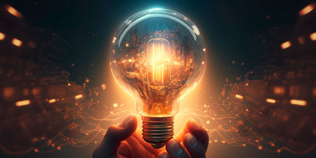 Creativity with glowing light bulbs.Hand hold Generative AIの素材