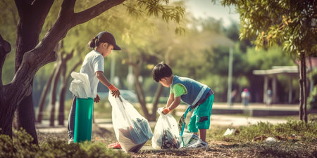Children picking up trash at the park for Earth Day .Generativeの素材