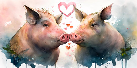 Two pigs love each other, cats kiss, print for you Generativeの素材