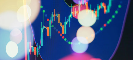 Concept of stock market and fintech. Blurry digital charts over dark blue background.