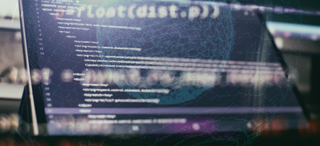 CSS, JavaScript and HTML usage. Monitor closeup of function source code. Abstract IT technology background. software source code.の写真素材