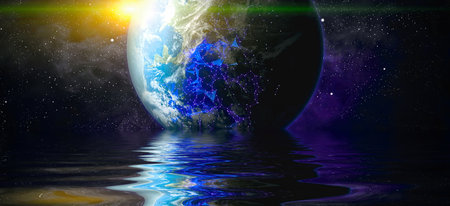 Beautiful unusual space planet in space reflected in water, galaxy stars night sky