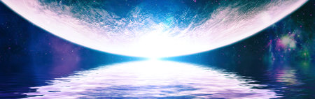 Deep reflected space in water. Starry outer space background texture . Colorful Starry Night Sky...