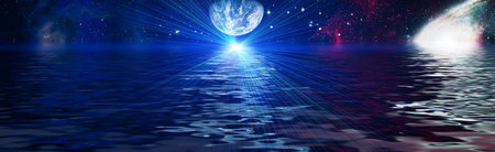 Beautiful unusual space planet in space reflected in water, galaxy stars night sky