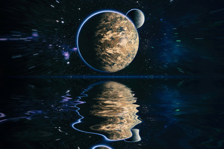 Beautiful unusual space planet in space reflected in water, galaxy stars night skyの写真素材