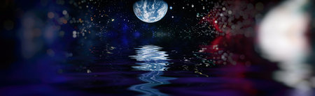 Deep reflected space in water. Starry outer space background texture .