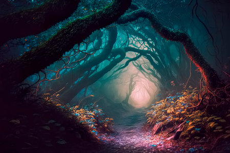 Mystical forest with fog, where fairies and elves live.Generativeの素材