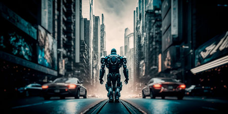 Large city with highly developed technology, where robots have replaced people at all levels Generativeの素材