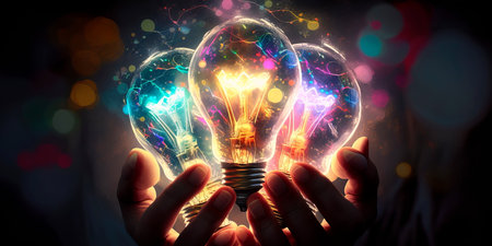 Creativity with glowing light bulbs.Hand hold Generativeの素材