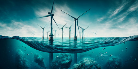 Offshore wind farm with turbines in the ocean Generativeの素材