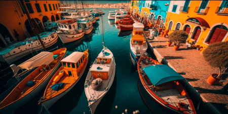 port by the sea with colorful boats and yachts Generativeの素材