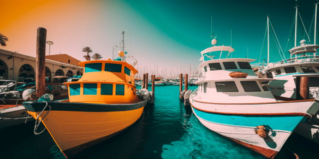 port by the sea with colorful boats and yachts Generativeの素材