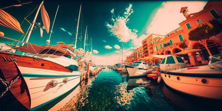 port by the sea with colorful boats and yachts Generativeの素材