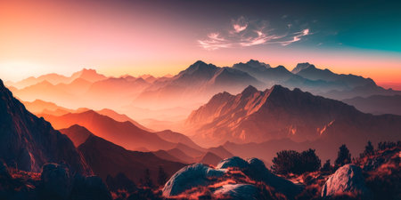 Expansive panorama of a mountain range at dawn Generativeの素材