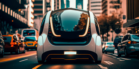 Futuristic self-driving car navigating the streets of a smart city.Generativeの素材