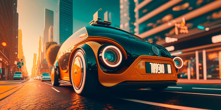 Futuristic self-driving car navigating the streets of a smart city.Generativeの素材