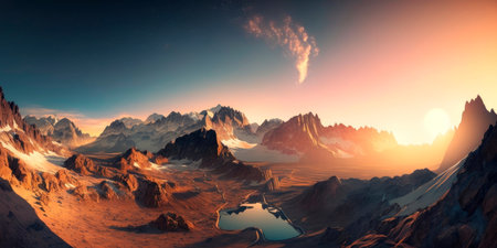 Expansive panorama of a mountain range at dawn Generativeの素材