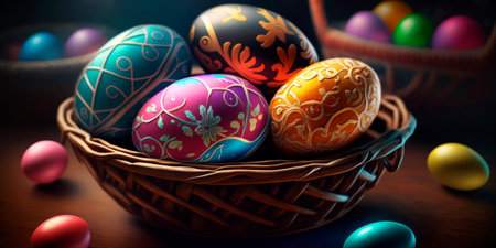 Colorful Easter eggs in a basket Generativeの素材