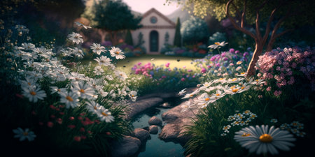 Beautiful blooming flowers in a serene garden setting Generativeの素材