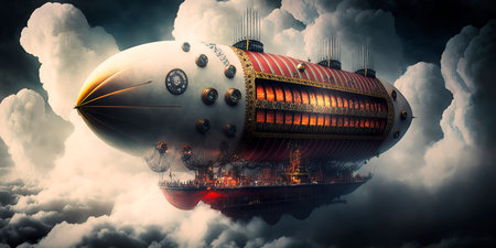 antastic airship soaring through the clouds, powered by steam and magic. Generativeの素材