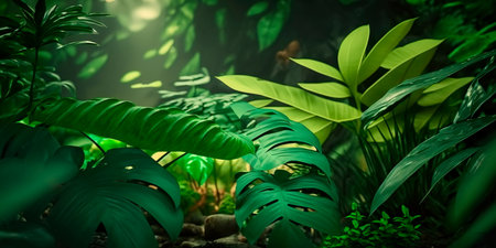 Lush green foliage in a tropical rainforest Generativeの素材