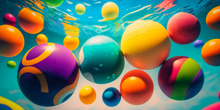 Colorful beach balls floating in the pool Generativeの素材